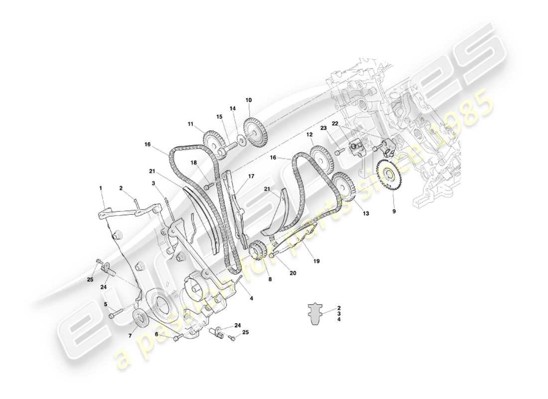 aston martin db7 vantage (2001) timing case, water pump & sprockets part diagram