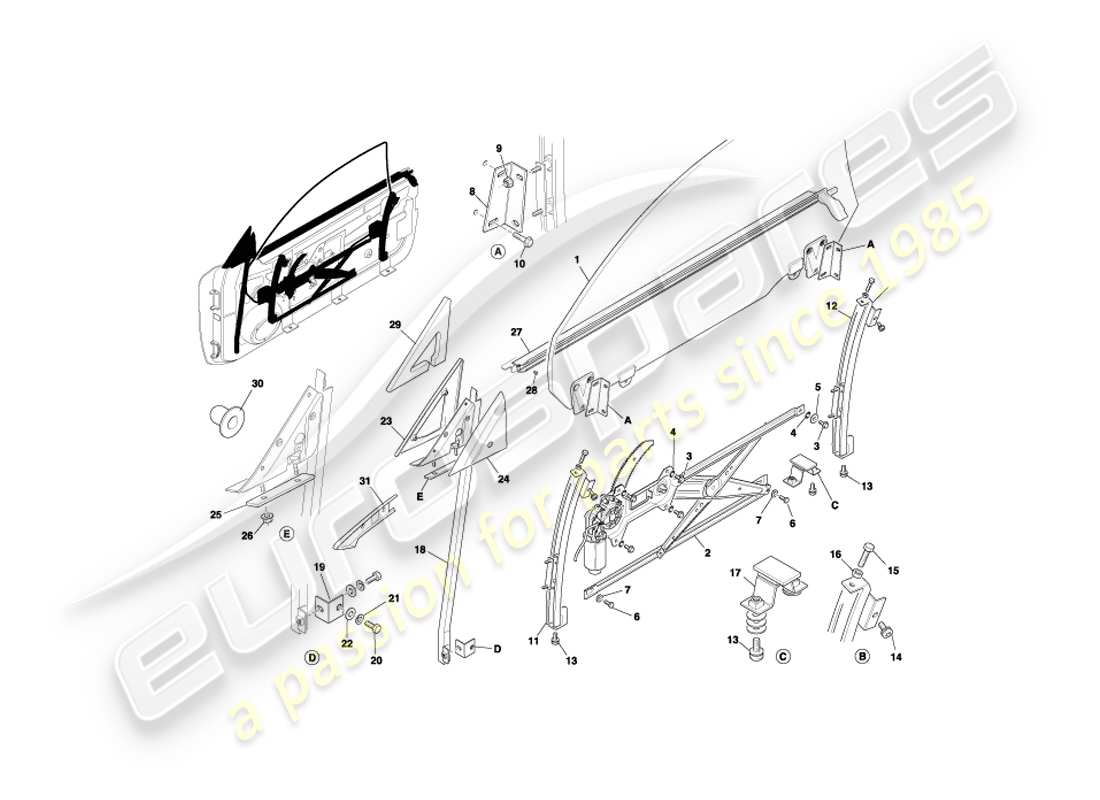 aston martin db7 vantage (2001) door glass & frames part diagram