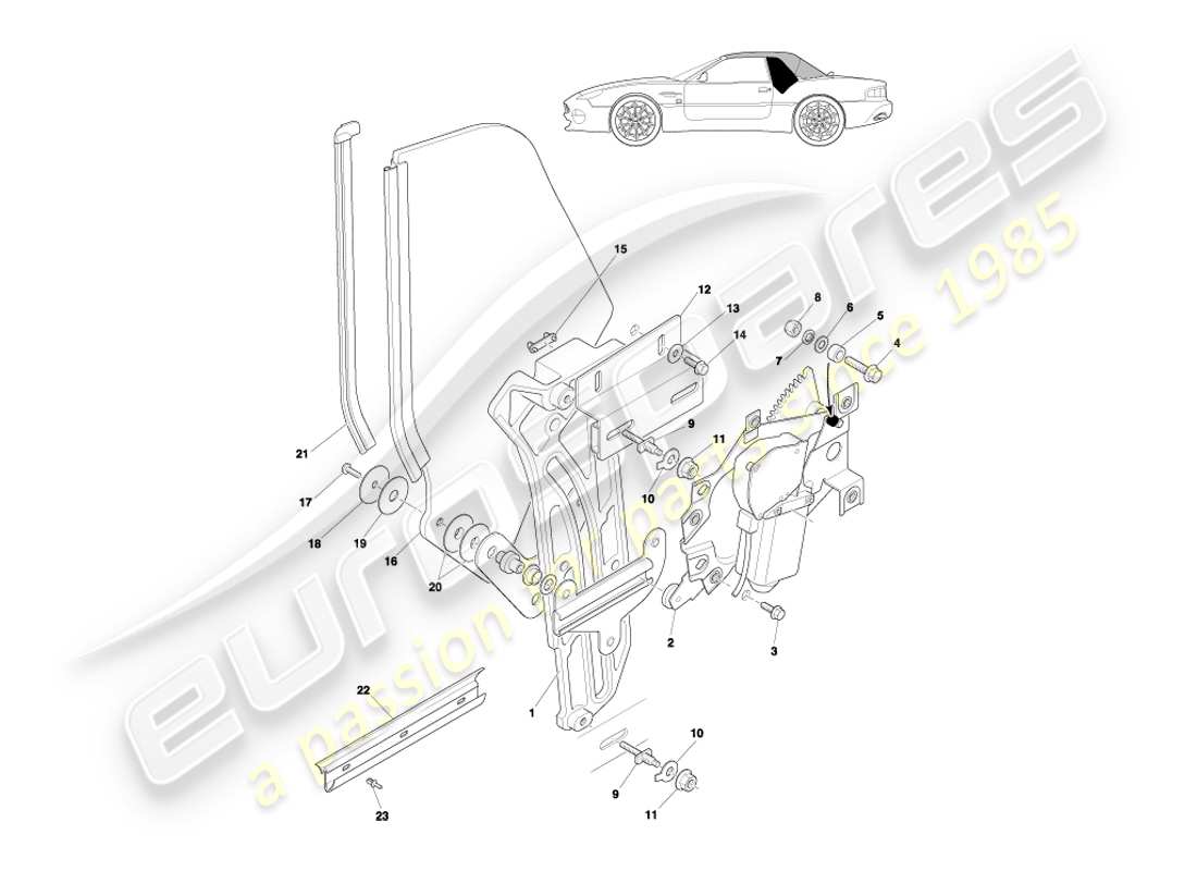 aston martin db7 vantage (2001) volante rear quarter glass & mechanism part diagram