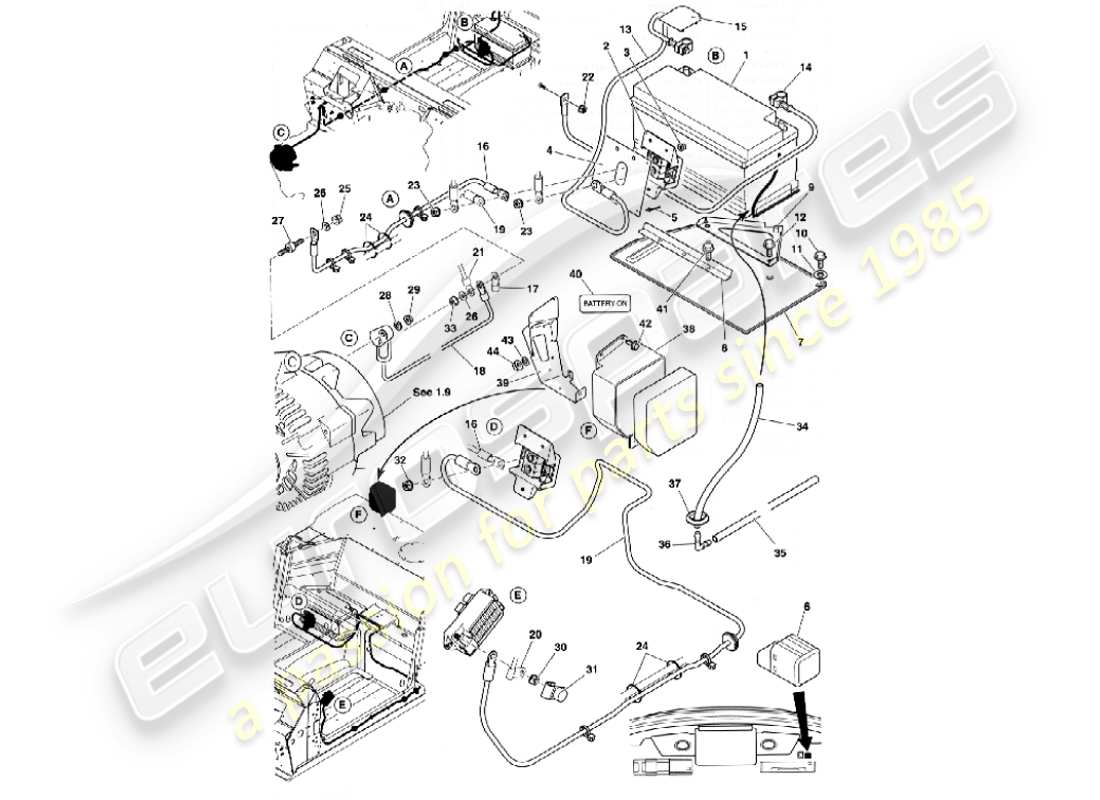 aston martin vanquish (2001) battery & cables parts diagram