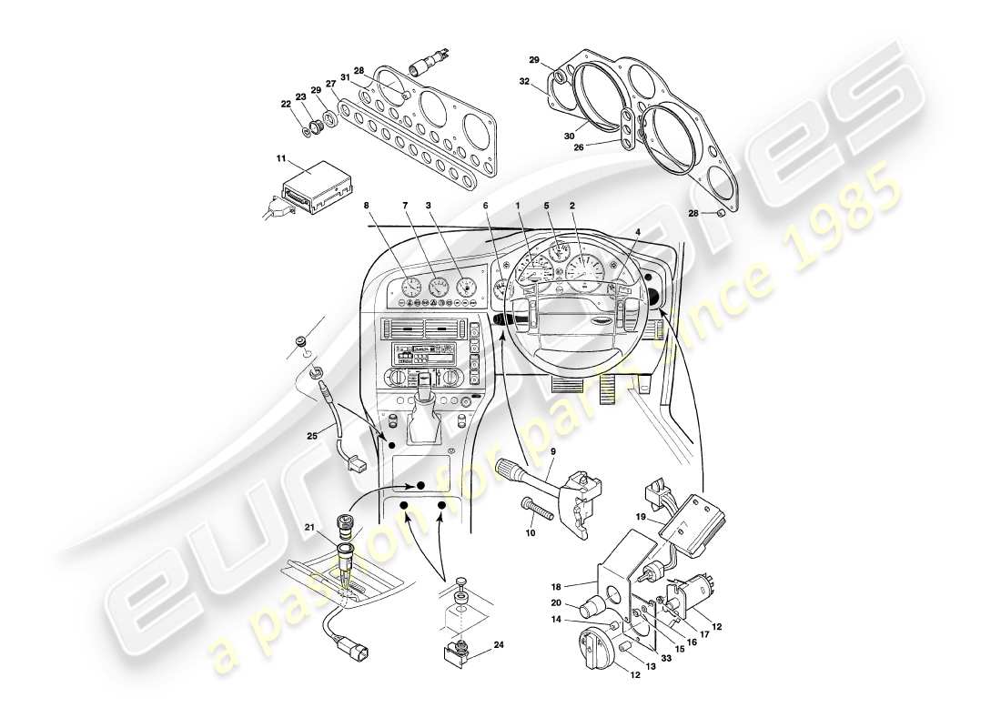 aston martin v8 coupe (1999) instruments & controls part diagram