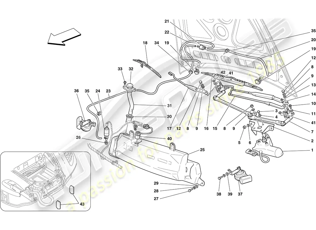 ferrari f430 coupe (rhd) windscreen wiper, windscreen washer and horns parts diagram