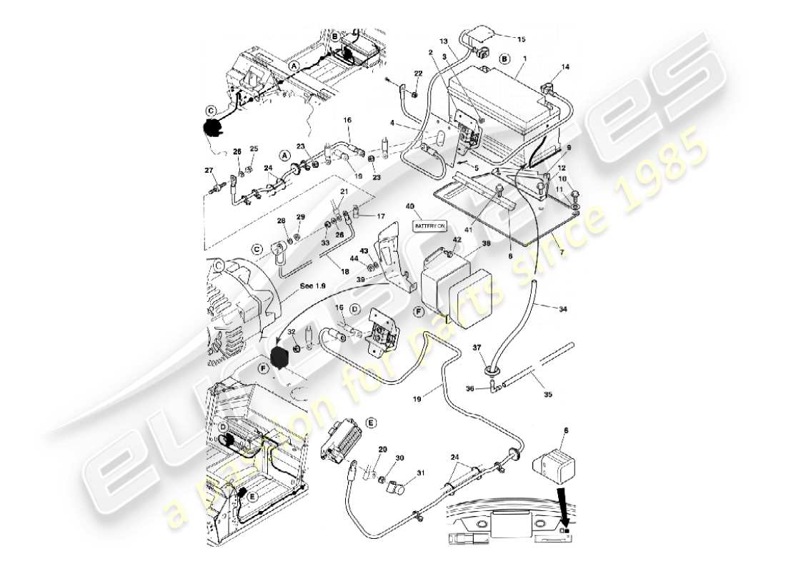 aston martin vanquish (2003) battery & cables part diagram