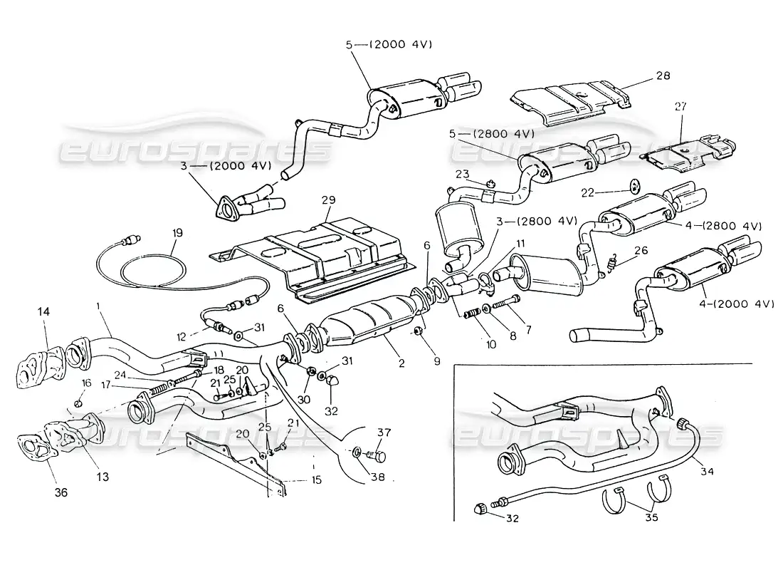 maserati 222 / 222e biturbo exhaust system with catalyst (4v) parts diagram