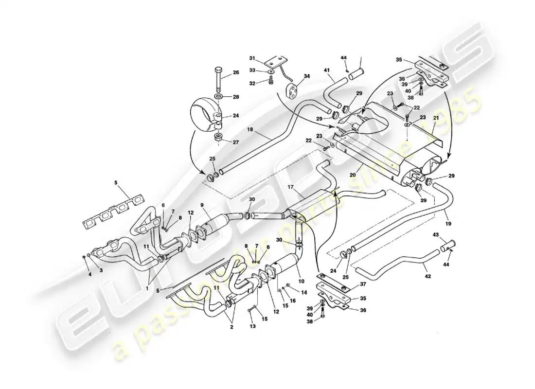 aston martin v8 volante (1998) exhaust system parts diagram