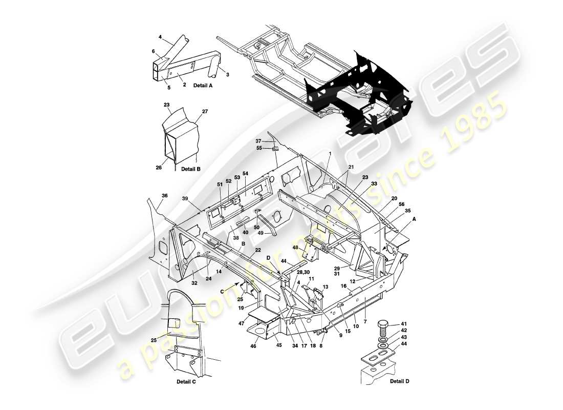 aston martin v8 volante (1998) front structure parts diagram