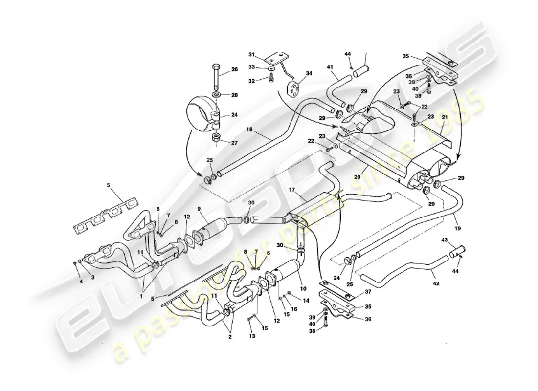 aston martin v8 volante (1997) exhaust system parts diagram