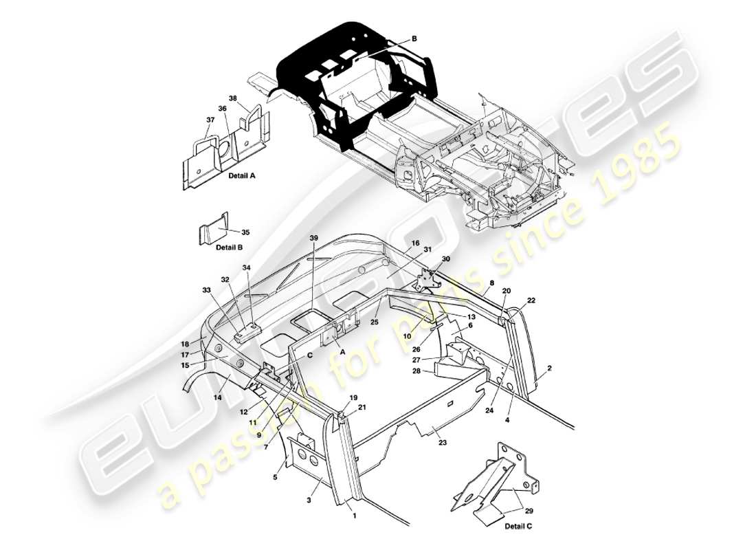 aston martin v8 volante (1997) rear structure part diagram