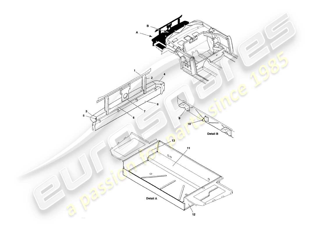 aston martin v8 volante (1997) rear structure, bumper & boot part diagram
