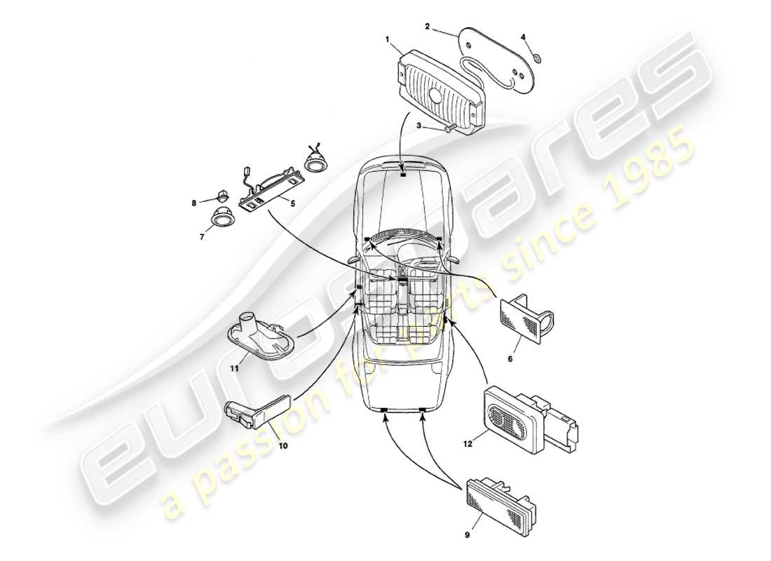 aston martin v8 volante (1998) interior lamps parts diagram