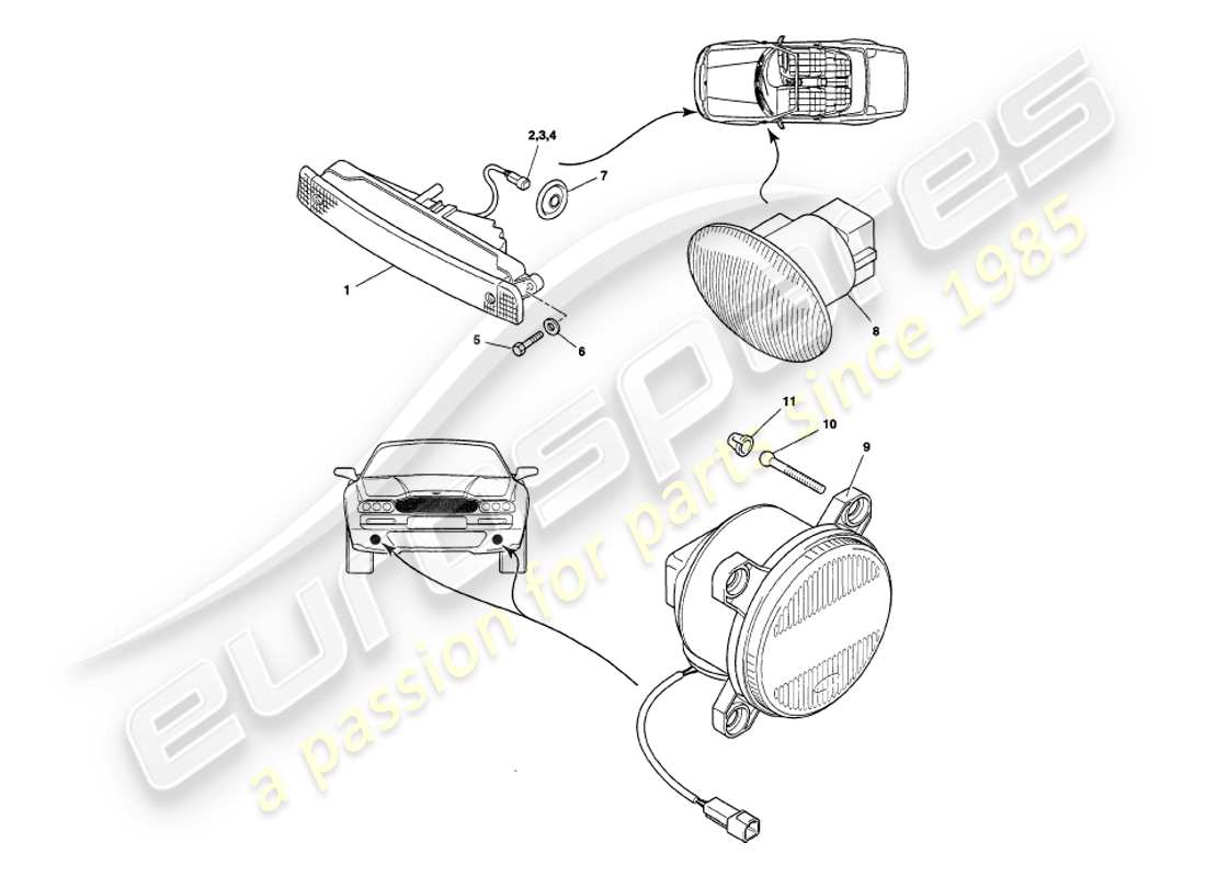 aston martin v8 volante (1997) exterior lamps part diagram