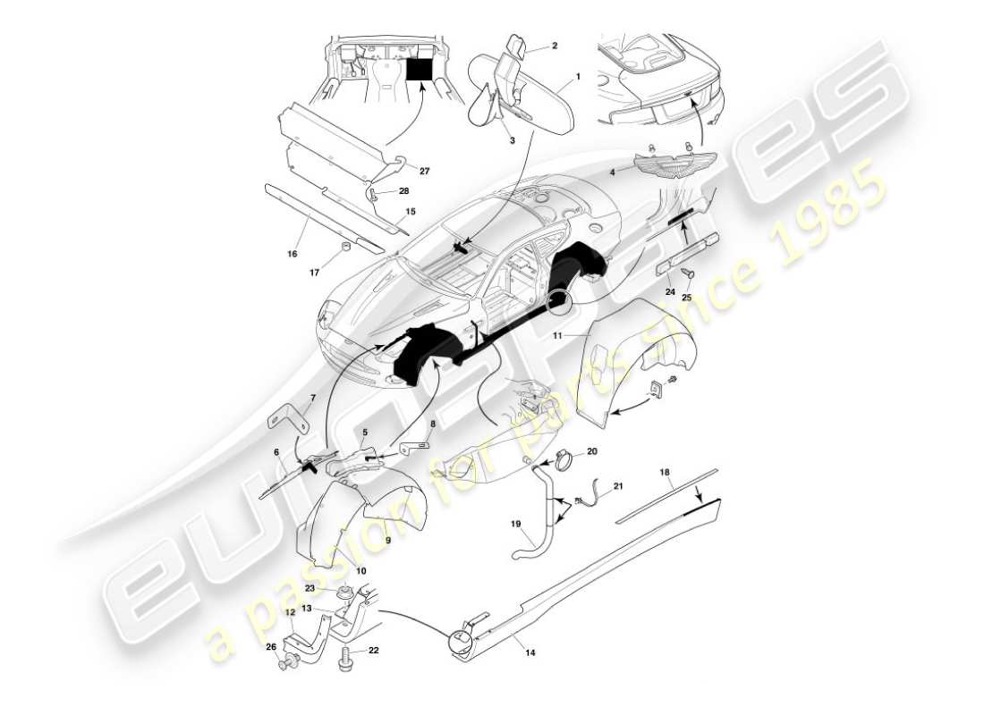 aston martin vanquish (2002) body fittings part diagram