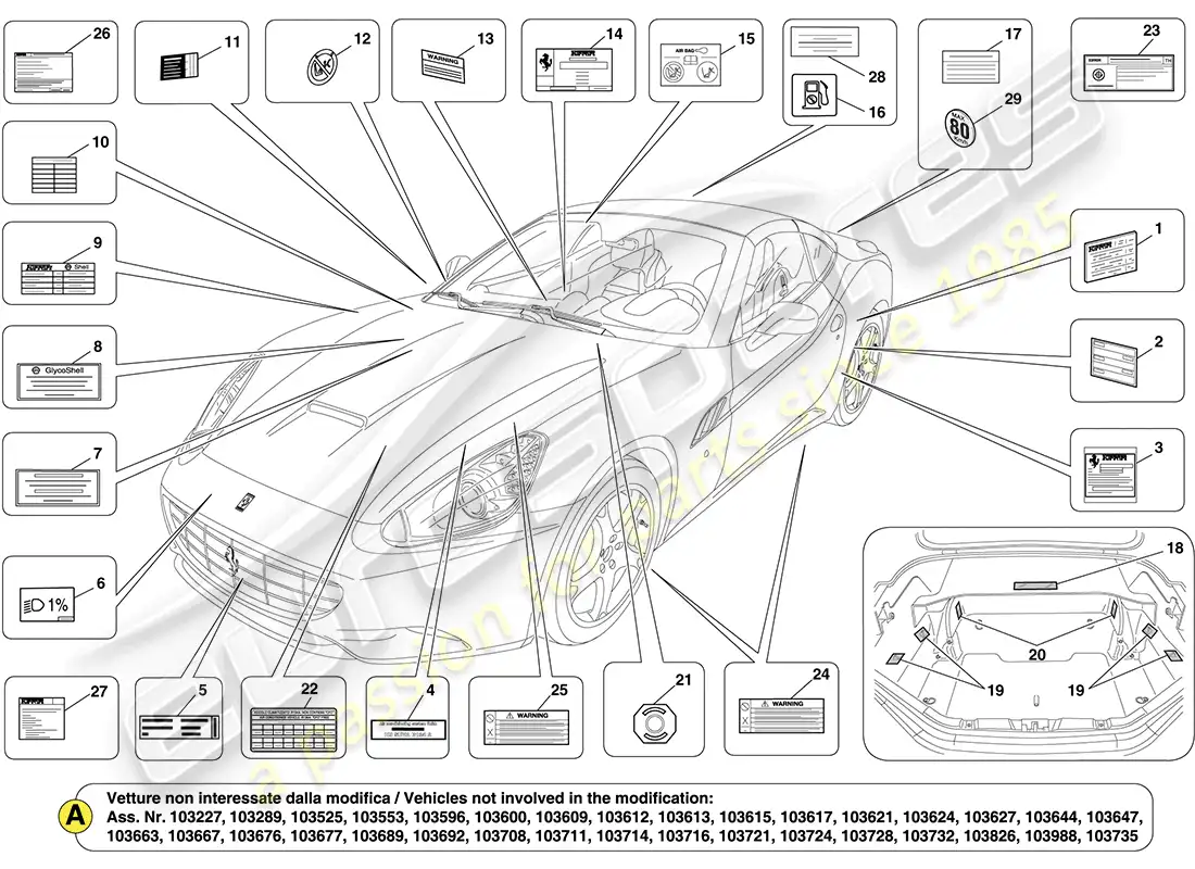 ferrari california (rhd) adhesive labels and plaques parts diagram