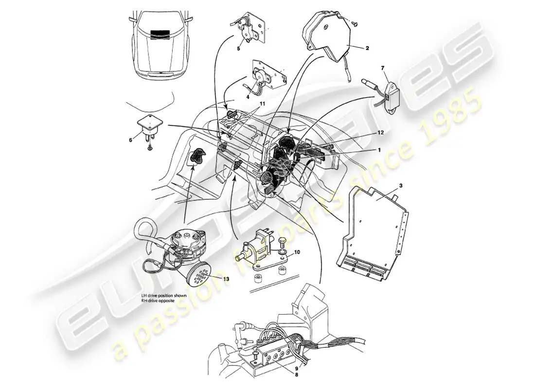 aston martin v8 volante (2000) sensors, switches, solenoids, motors etc parts diagram
