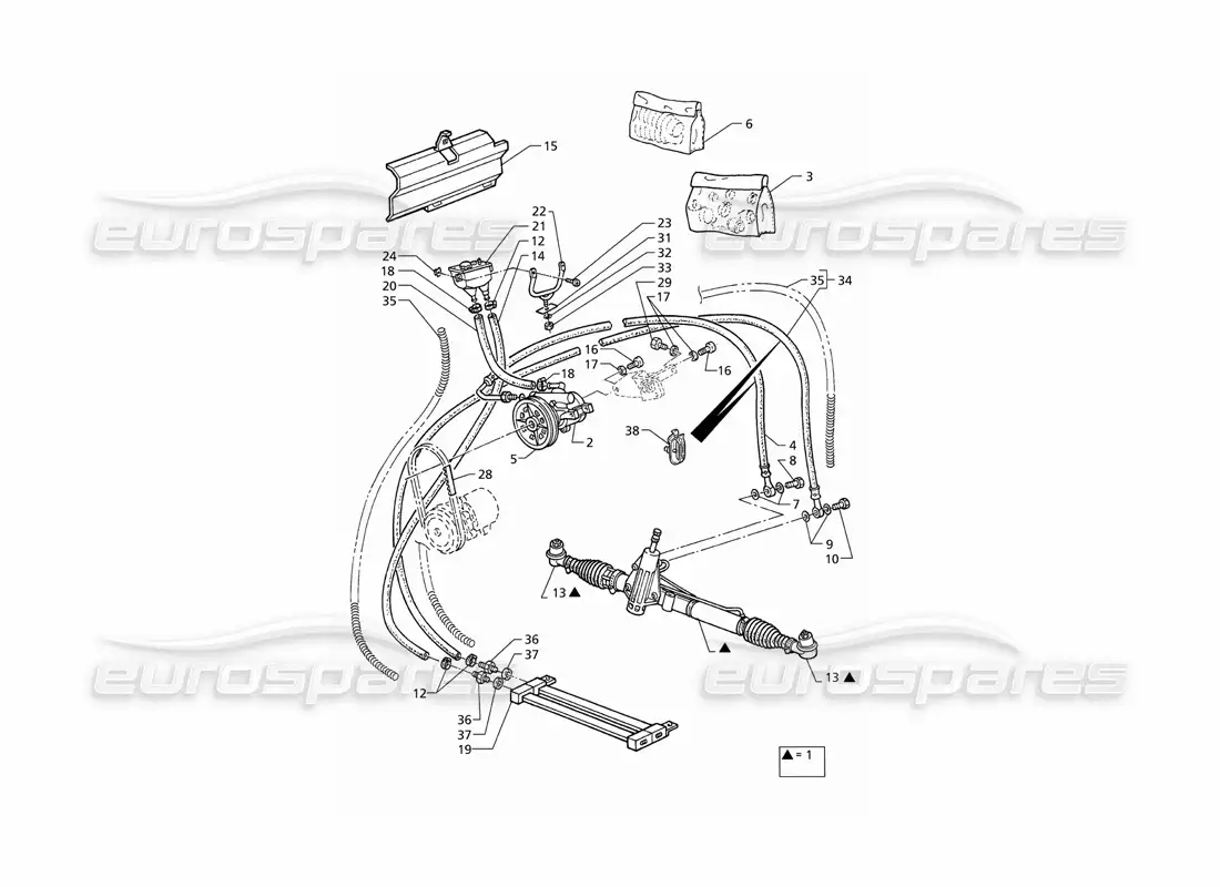maserati qtp v6 (1996) power steering system (rhd) parts diagram