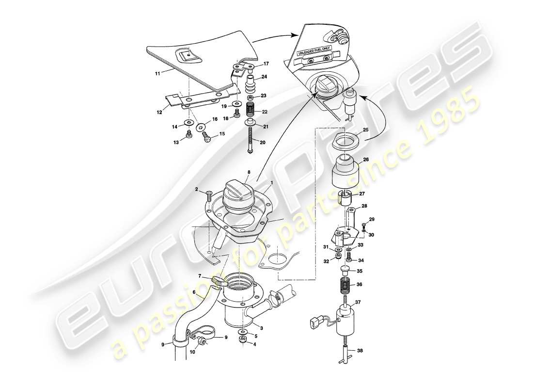 aston martin v8 volante (1999) fuel filler flaps part diagram