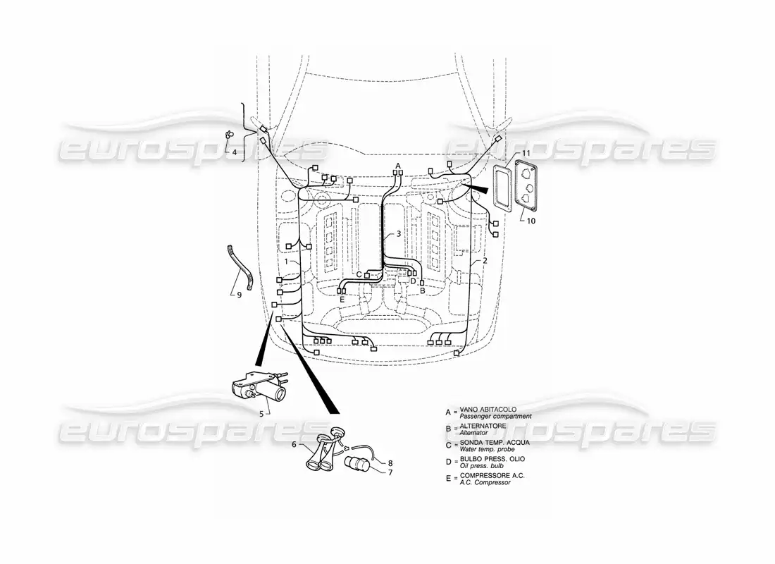 maserati qtp v8 (1998) electrical system: engine compartment (rhd) parts diagram
