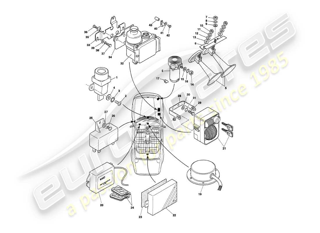 aston martin v8 volante (1998) underbonnet components, to vin 89026 part diagram