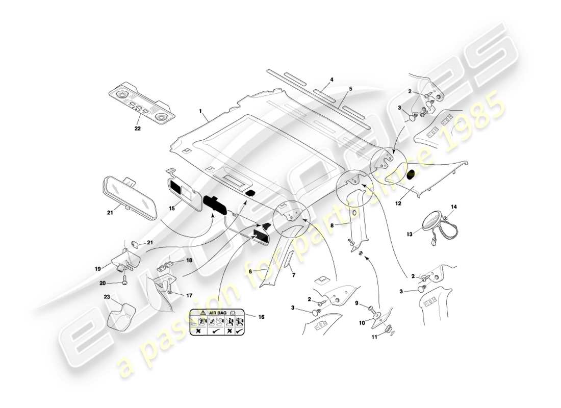 aston martin db7 vantage (1999) coupe upper trim & roof lining part diagram
