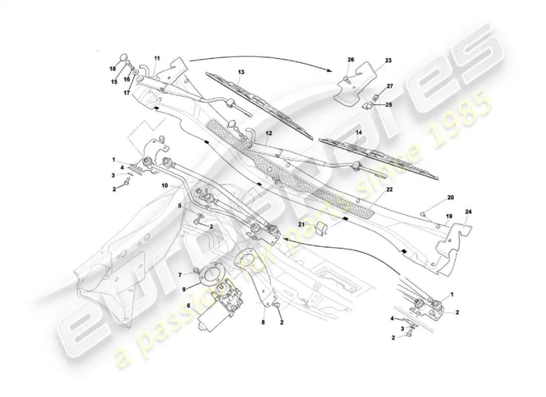 aston martin vanquish (2002) windscreen wipers parts diagram