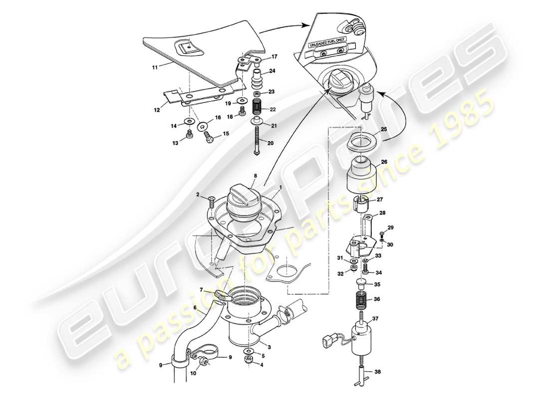 aston martin v8 volante (1998) fuel filler flaps parts diagram