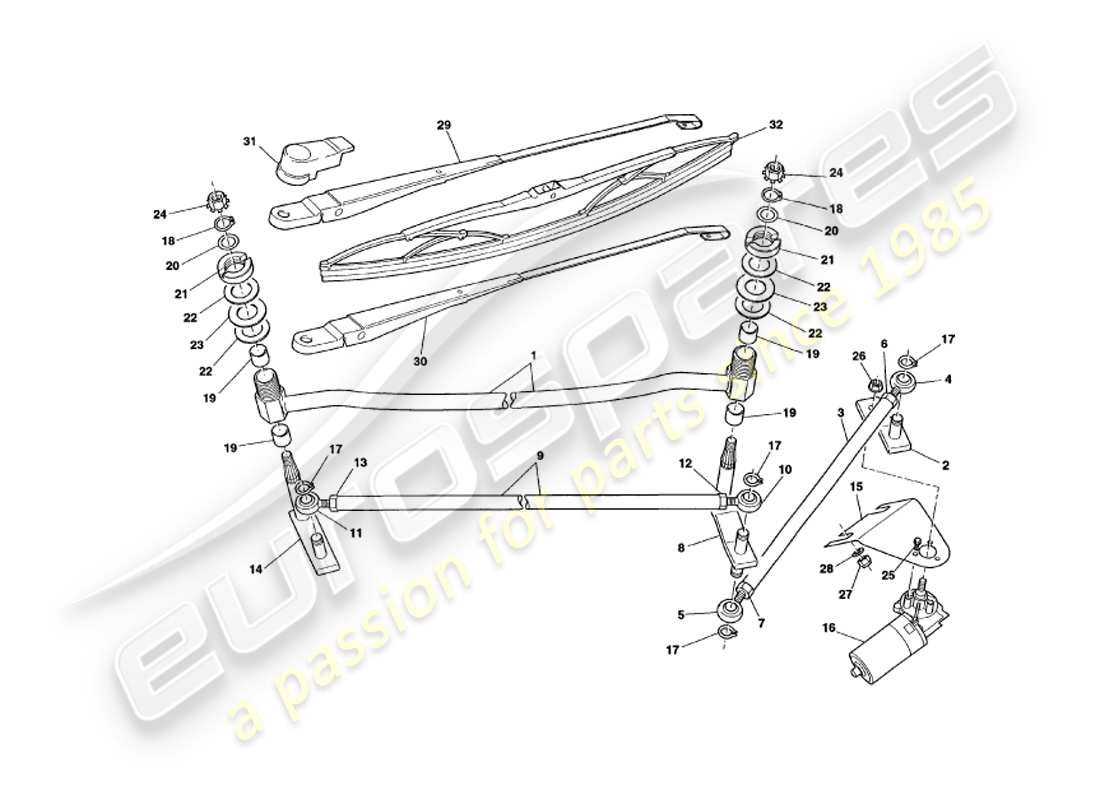 aston martin v8 volante (1998) windscreen wipers parts diagram