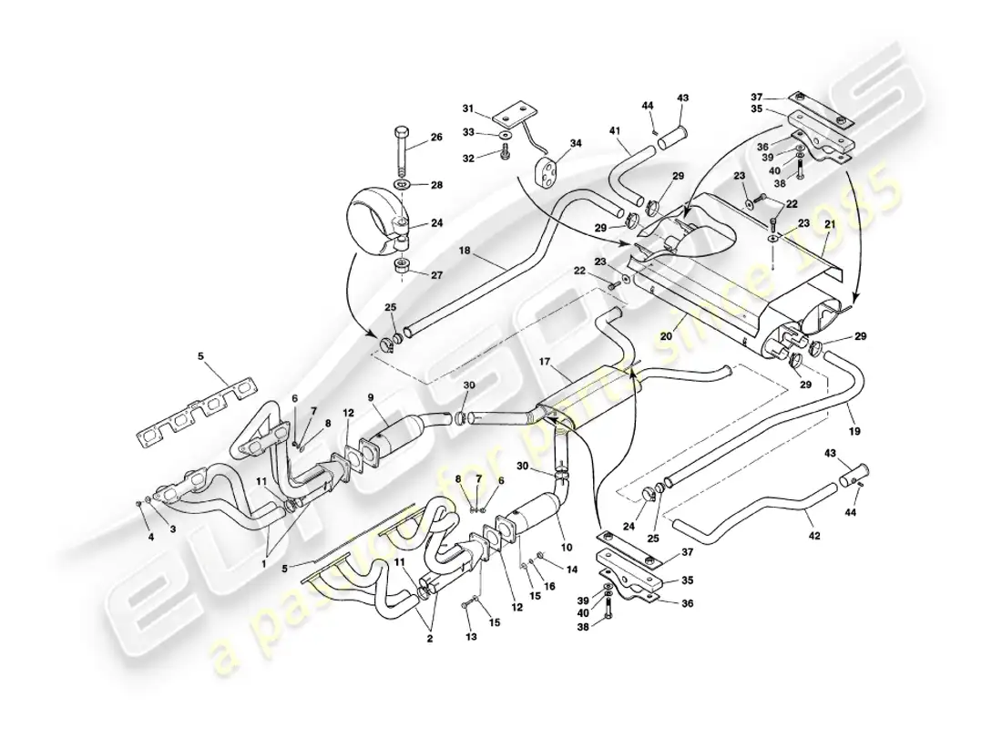 aston martin v8 coupe (1999) exhaust system parts diagram