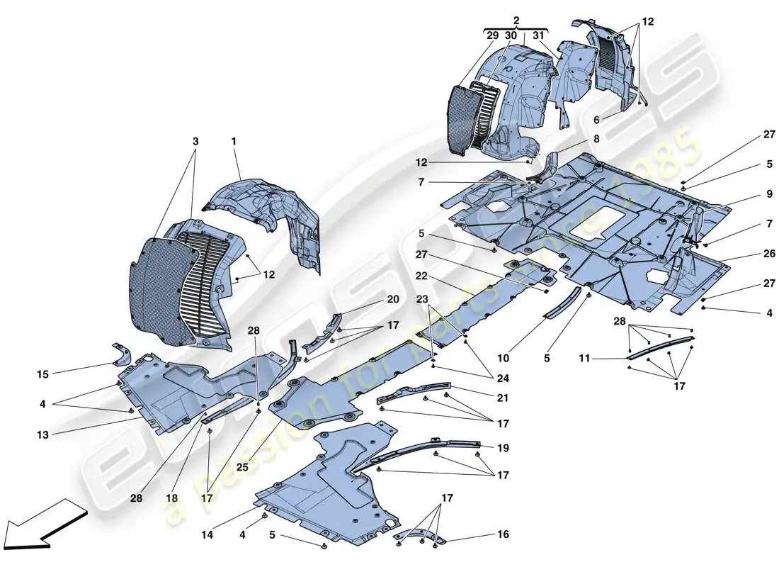 ferrari 488 gtb (usa) flat undertray and wheelhouses parts diagram