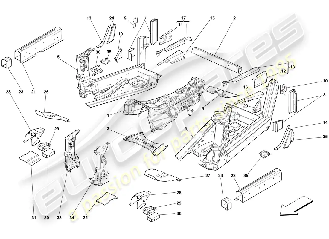 ferrari 599 sa aperta (rhd) structures and elements, centre of vehicle parts diagram