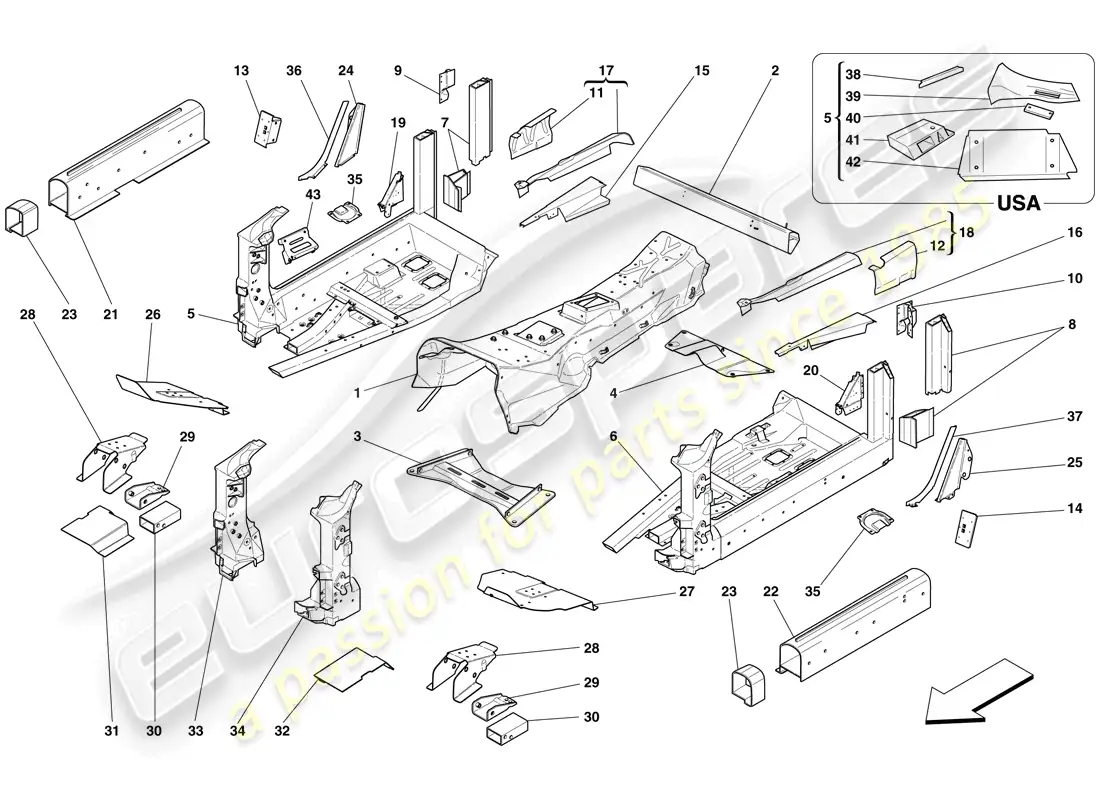ferrari 599 gtb fiorano (rhd) structures and elements, centre of vehicle parts diagram