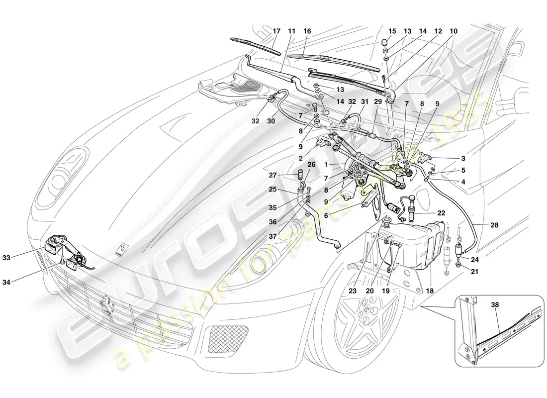 ferrari 599 gtb fiorano (rhd) windscreen wiper, windscreen washer and horns parts diagram