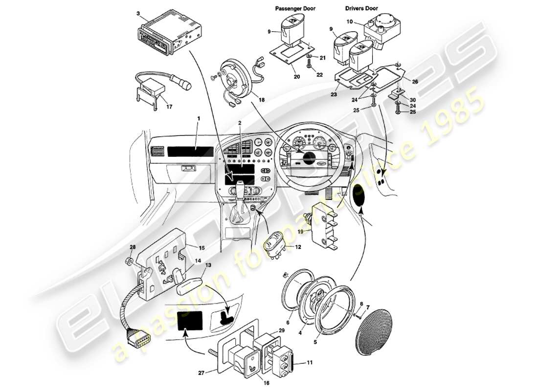 aston martin v8 volante (1998) instruments & controls parts diagram