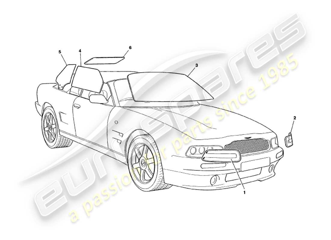 aston martin v8 volante (1998) glass parts diagram