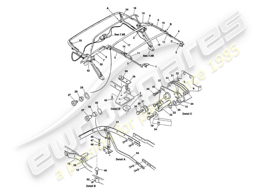 aston martin v8 volante (1998) hood frame assembly parts diagram