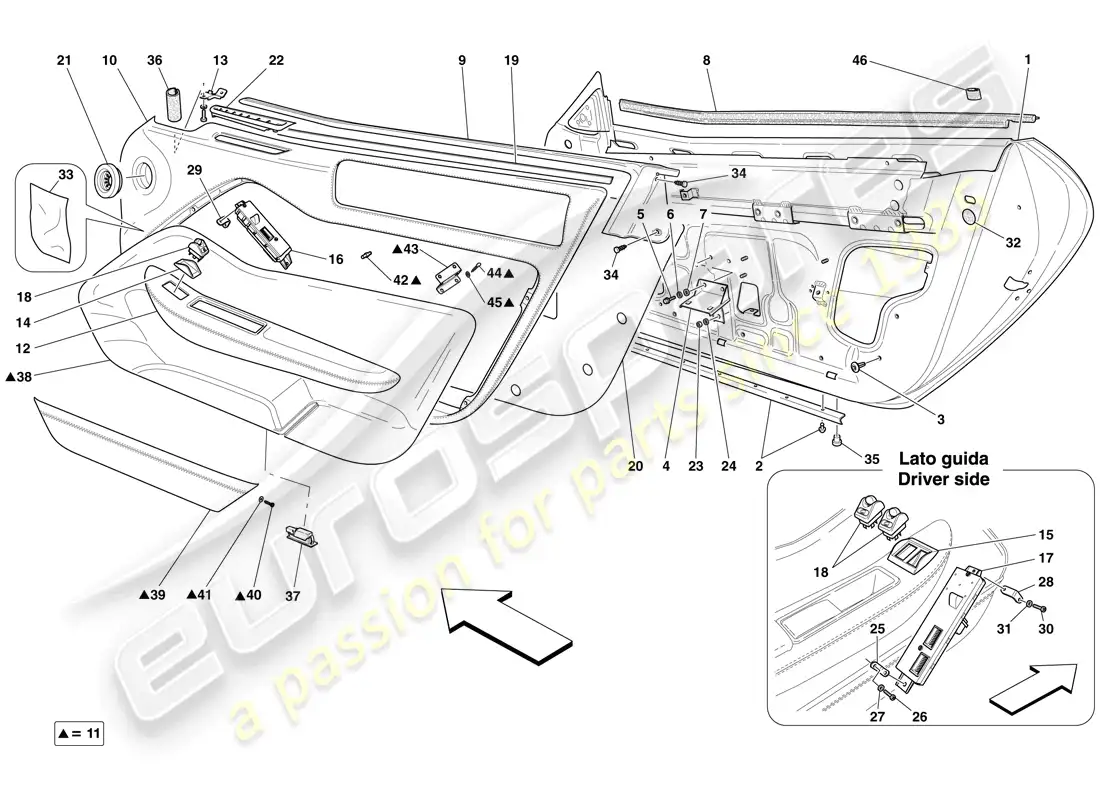 ferrari 599 gto (usa) doors - substructure and trim parts diagram