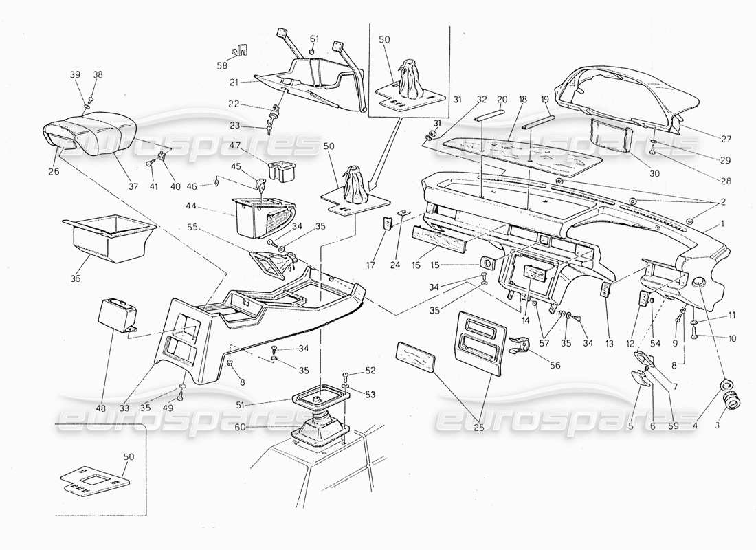 maserati 228 instrument panel and console (rh steering) parts diagram