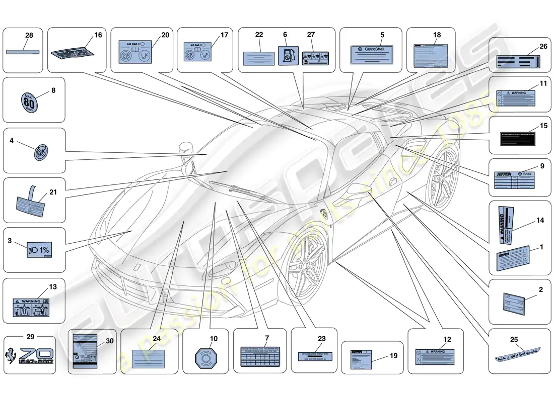 ferrari 488 spider (rhd) adhesive labels and plaques parts diagram