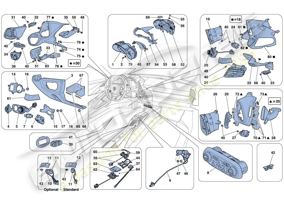 ferrari 458 spider (usa) dashboard and tunnel instruments parts diagram