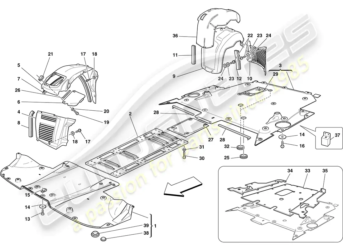 ferrari f430 coupe (rhd) flat undertray and wheelhouses parts diagram