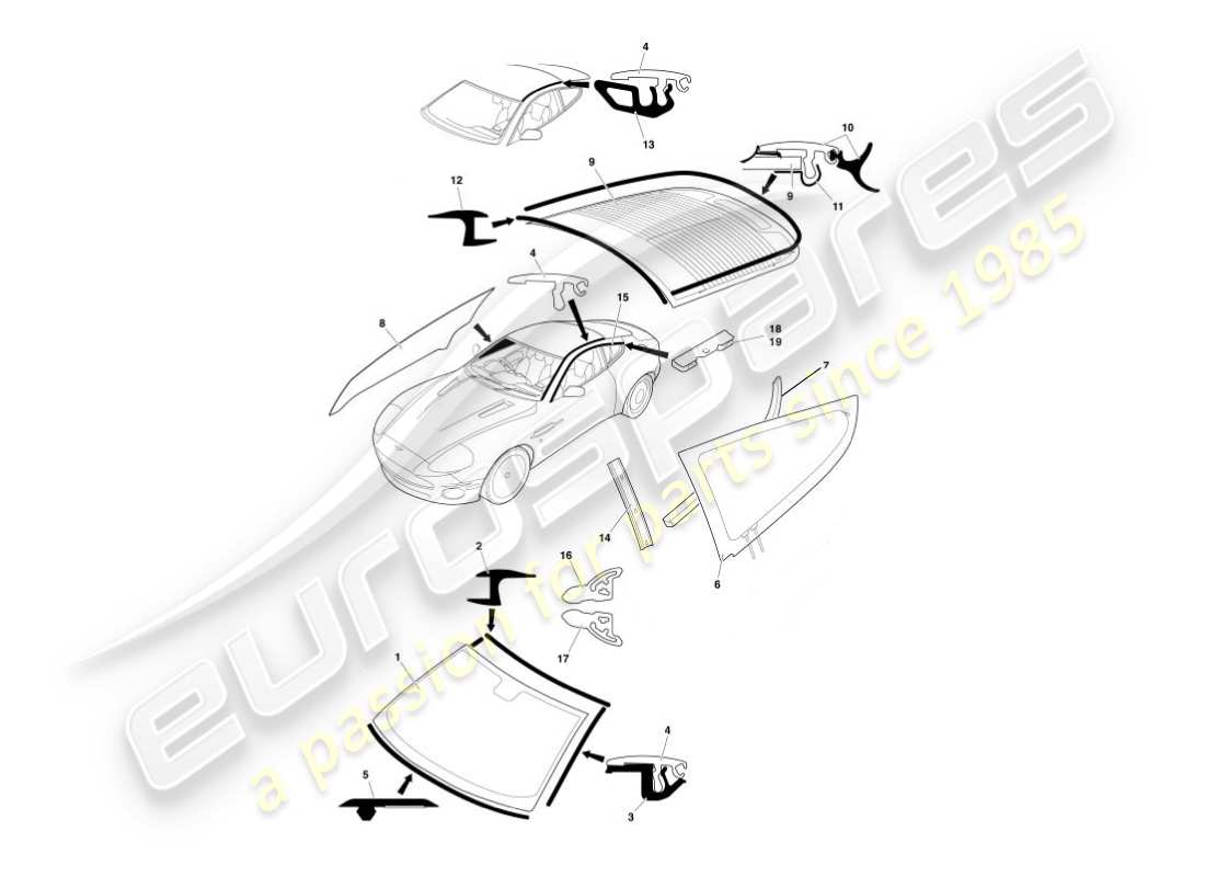 aston martin vanquish (2006) glass & finishers part diagram