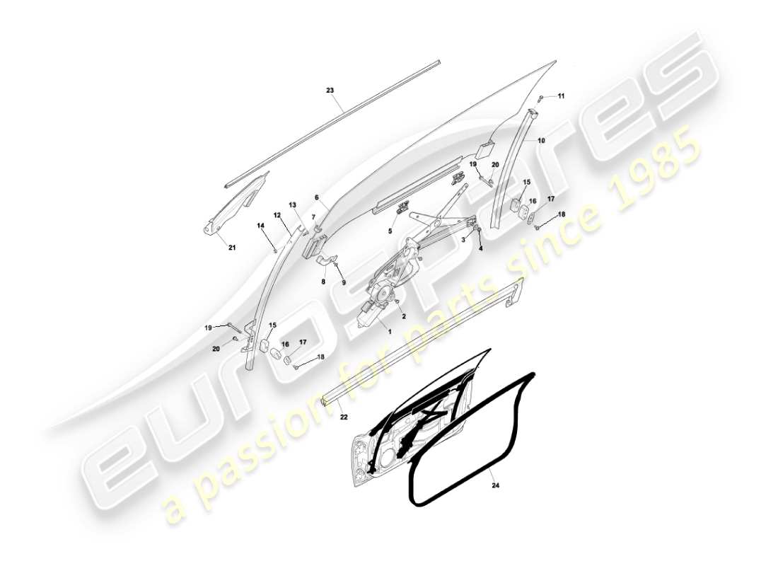 aston martin vanquish (2003) door glass and frames part diagram