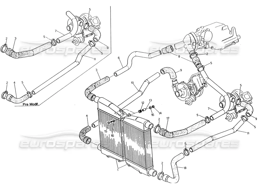 maserati 222 / 222e biturbo heal exchanger - pipes parts diagram