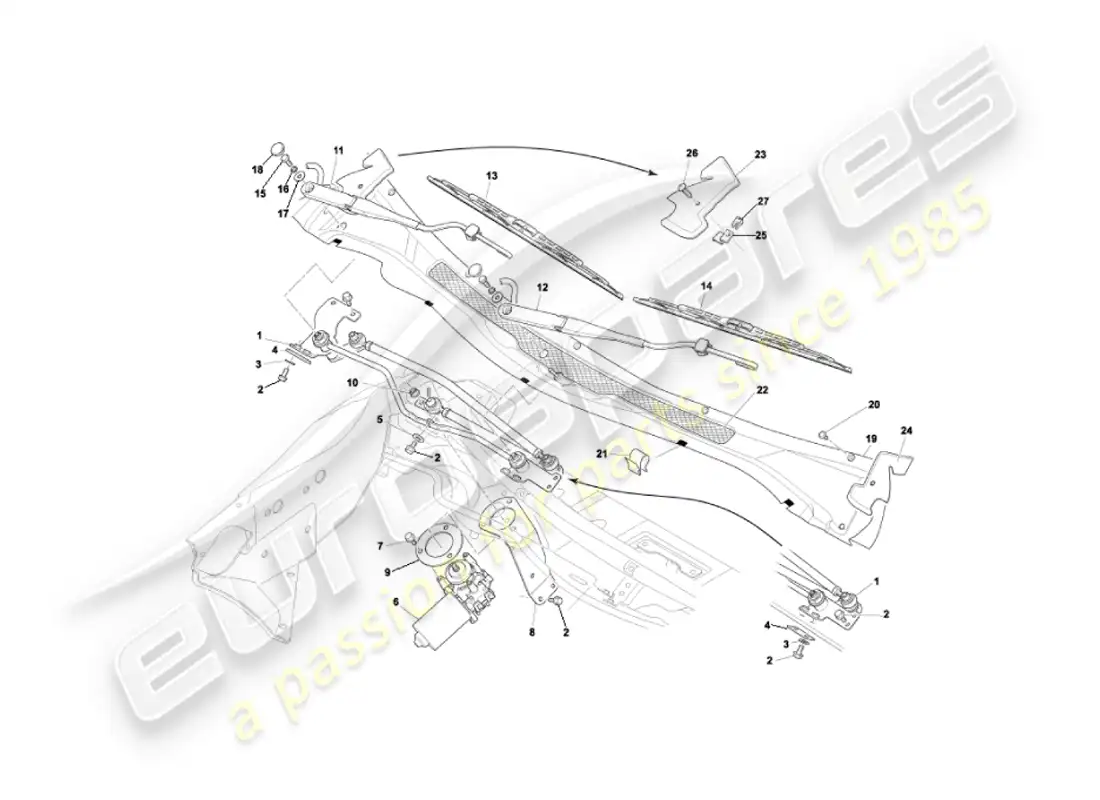 aston martin vanquish (2006) windscreen wipers parts diagram