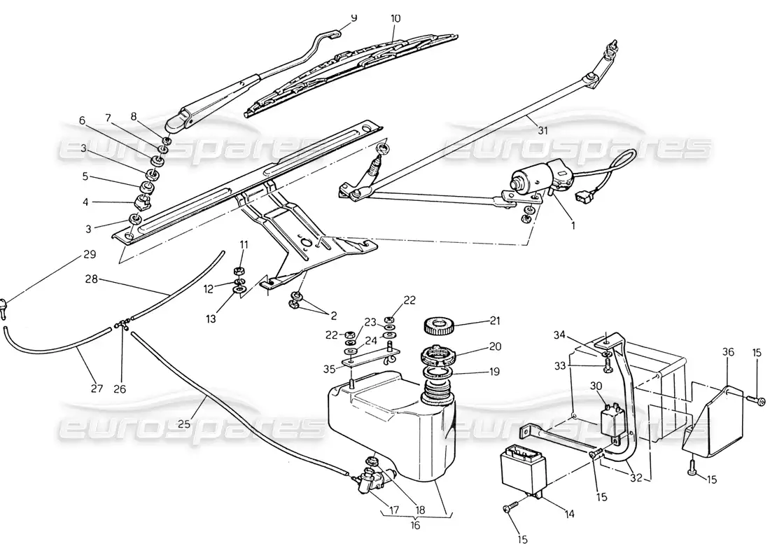 maserati 222 / 222e biturbo windshield wiper - washer (rh steering) parts diagram