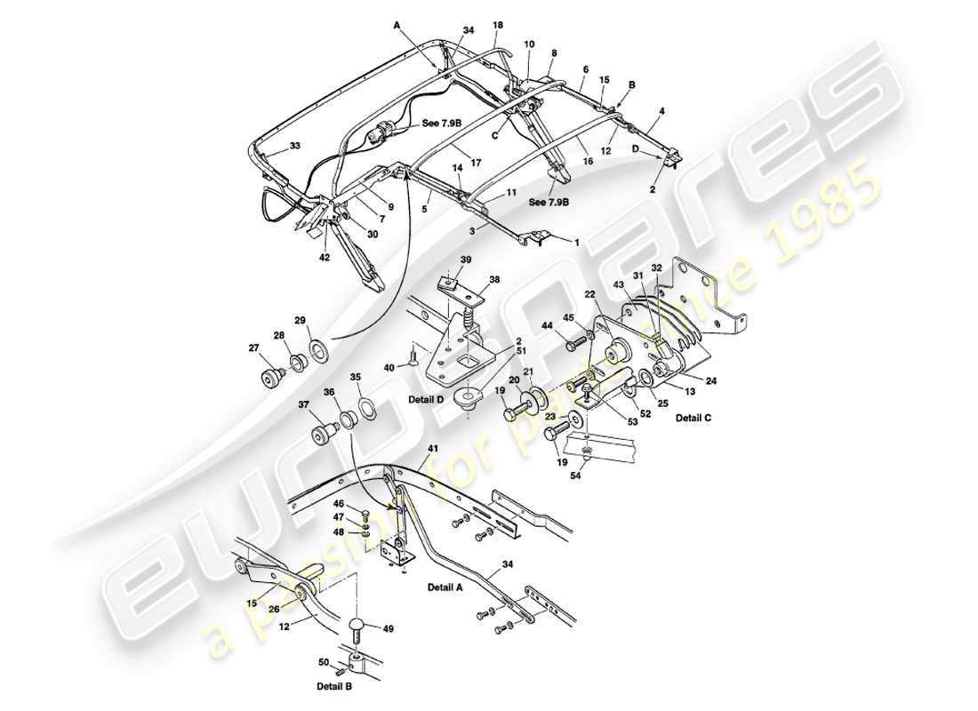 aston martin v8 volante (1999) hood frame assembly part diagram