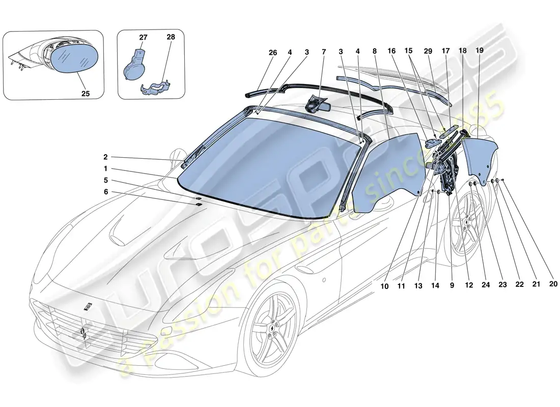 ferrari california t (rhd) screens, windows and seals parts diagram