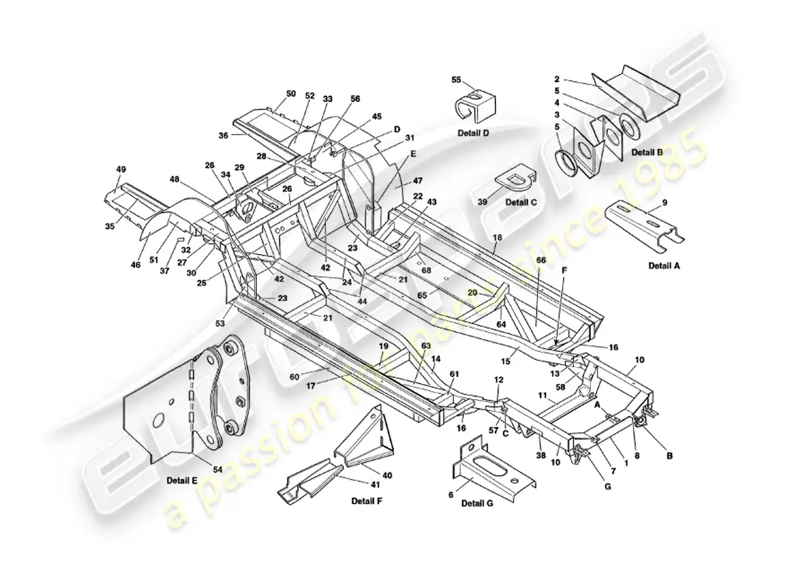 aston martin v8 volante (1998) chassis frame part diagram