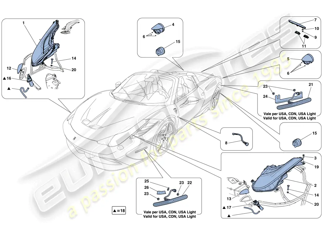 ferrari 458 speciale aperta (rhd) headlights and taillights parts diagram