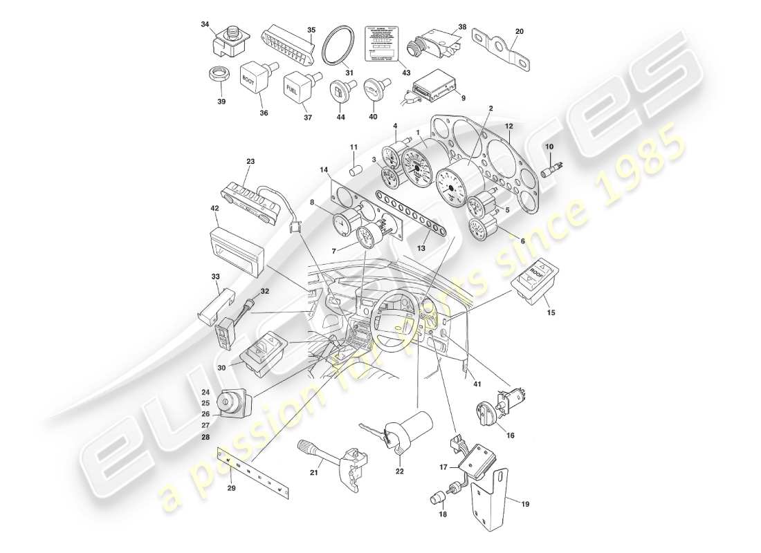 aston martin v8 virage (1999) instruments & controls part diagram