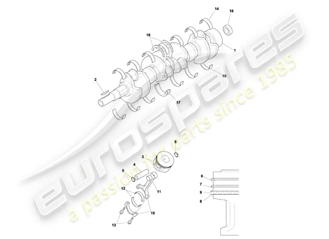 aston martin vanquish (2007) crankshaft, pistons & rods parts diagram